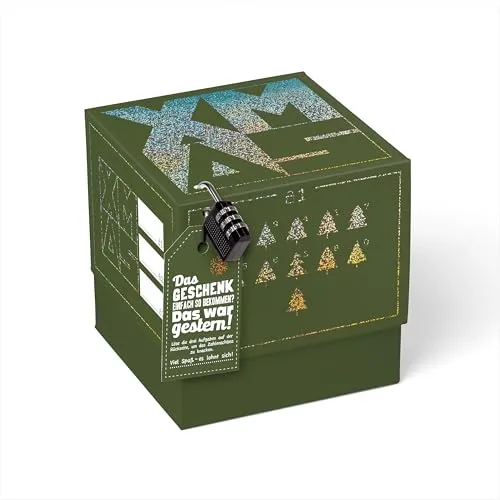 SURPRISA Geschenkbox für Weihnachten, Rätselbox für Geldgeschenke, Glitzer-Design in Grün mit XMAS-Aufdruck, Größe M (16cm)