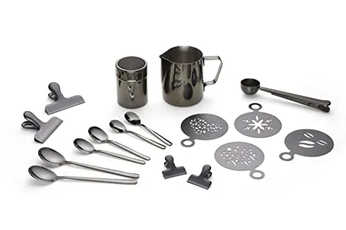Echtwerk Kaffeezubehör-Set 23tlg, 350 ml, schwarz - Haushalt - Komplette Kaffeezubehör-Ausstattung für perfekte Cappuccinos und Latte Macchiatos mit 23 Teilen, inklusive Milchkännchen und praktischen Schablonen.