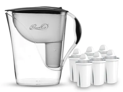 PearlCo Wasserfilter Fashion Anthrazit mit 6 Filterkartuschen - Filter für sauberes Trinkwasser, ergonomisch und mit manuellem Wechselanzeiger. Hohe Kapazität von 3,3 Litern und rutschfester Stand für einfache Handhabung.