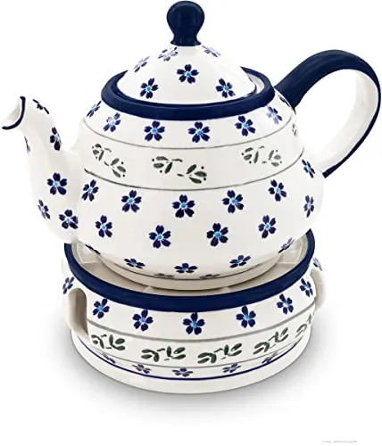 Original Bunzlauer Keramik 1,5 Liter Teekanne mit Stövchen im Dekor 163a