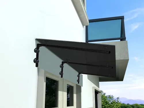 BuyLando (3L) 250x90 cm Grauglas Glasvordach mit Edelstahlhalterung in Schwarz - Elegantes Glasvordach für Haustüren, robustes Grauglas und stilvolle Edelstahlhalterungen sorgen für eine moderne Optik und Schutz vor Witterungseinflüssen.