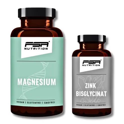 FSA NUTRITION Set aus Magnesium Bisglycinat und Zink Bisglycinat - Praktisches Set für deine tägliche Unterstützung. Enthält 120 Kapseln Magnesium Bisglycinat und 365 Tabletten Zink Bisglycinat für eine gezielte Ergänzung deiner Ernährung.