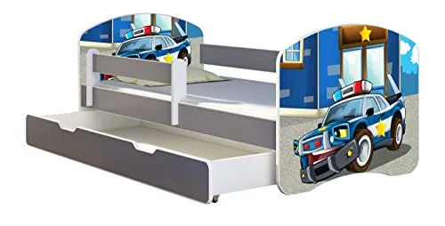 ACMA Kinderbett Jugendbett mit Einer Schublade und Matratze Grau mit Rausfallschutz Lattenrost II (38 Polizei, 140x70 + Bettkasten)