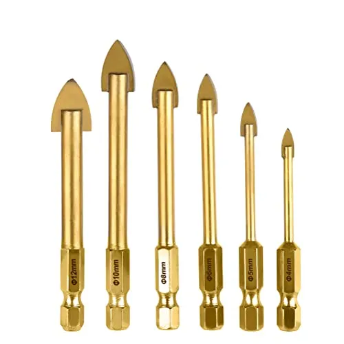 Glasbohrkronen Set TIMESETL 6 Stück Glasbohrer Sechsecke Fliesenbohrer mit Titan-Beschichtung Keramikbohrer 4mm / 5mm / 6mm / 8mm / 10mm / 12mm Fliesenbohrer-Werkzeug für Glas Fliesen Spiegel