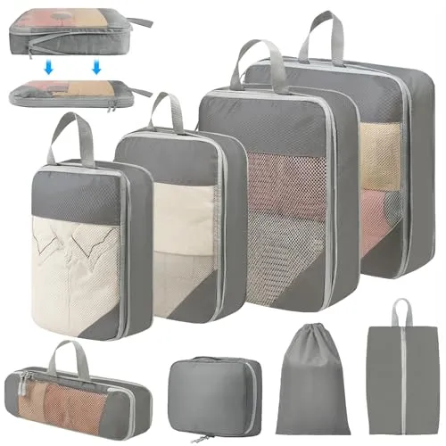 Kompression Packwürfel, 8 Stk. Kofferorganizer, Koffer Packwürfel, Kompression Set für Reisen und Lagerung zu Hause, Grau