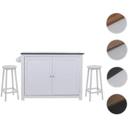 Kücheninsel HWC-P61 mit 2 Sitzhockern, Küchenschrank Schublade Staufächer MDF 90x120x45cm ~ weiß, Marmor-Optik schwarz