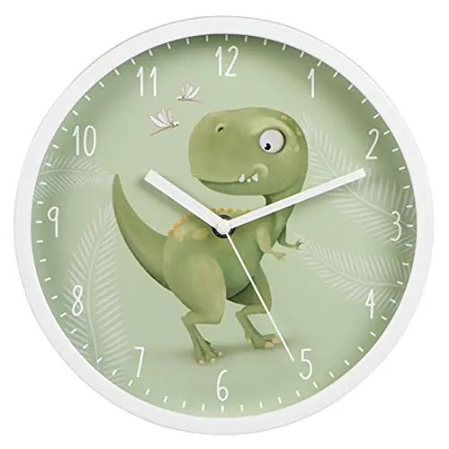 Hama Kinder Wanduhr Happy Dino ohne Ticken (runde Kinderuhr mit Dinosaurier Motiv, batteriebetriebene Quarz Wanduhr mit Sekundenzeiger, Kinderzimmer, ideal als Lernuhr, Durchmesser 25 cm) grün