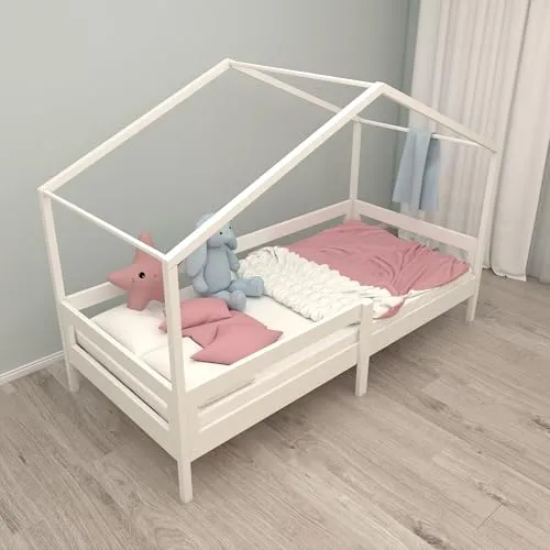 roba Hausbett 90 x 200 cm - Montessori Kinderbett mit Rausfallschutz - KINDERBETT 90 x 200 cm aus weiß lackiertem Massivholz, fördert Unabhängigkeit durch niedrige Einstiegshöhe. Erweiterbar mit Lattenrost und Bezügen für individuelles Design.