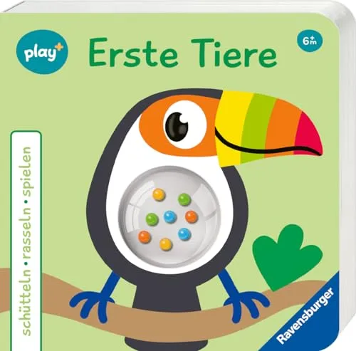 Ravensburger Play+ schütteln, rasseln, spielen: Erste Tiere, Baby-Buch ab 6 Monate, Bilderbuch mit Rassel