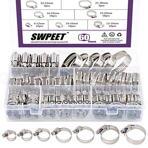 Swpeet Schlauchschellen-Set in verschiedenen Größen, 304 Edelstahl, verstellbar, 6–38 mm, Schneckengetriebe, Schlauchschellen, perfekt für Sanitär-, Automobil- und mechanische Anwendungen
