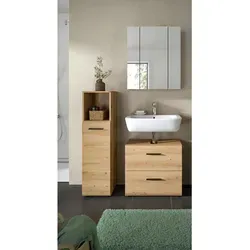 xonox.home Badezimmerkombination Ice – 3-teilig in Artisan Oak - Komplettprogramm für Badezimmer: Moderne 3-tlg. Badkombination Ice mit Standschrank, WBU und Spiegelschrank – pflegeleicht und platzsparend für optimalen Stauraum.