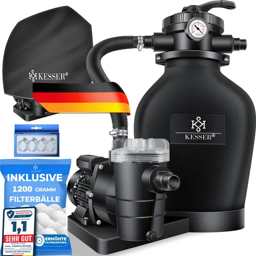 KESSER Sandfilteranlage 600W - Sandfilteranlage für Pools mit 13200L/h Durchfluss, 7-Wege Ventil und 1200g Filterbälle für professionelle Wasserfilterung. Ideal für klares Poolwasser und geringer Geräuschpegel.