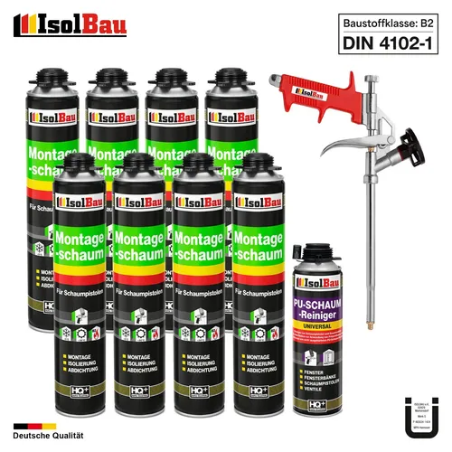 Pistolenschaum Bauschaum Montageschaum 8x 750ml Set - Dichtstoffe & Fugenmittel: Komplettset mit 8x PU-Schaum, 1x Reiniger und Schaumpistole für schnelle und effektive Abdichtung, Isolierung und Montage. Hohe Resistenz gegen Schimmel und exzellente Wärmedämmung.