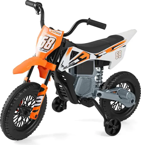 COSTWAY 12V Elektrisches Kinder Motorrad mit Musik & Stützrädern, Orange - Sicheres und spaßiges 12V Kinder Motorrad für 3-8 Jahre. Mit abnehmbaren Stützrädern und 7 integrierten Songs für aufregende Fahrten. Ideal für kleine Abenteurer!