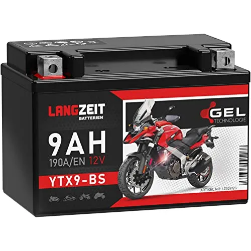 LANGZEIT YTX9-BS Motorradbatterie 12V 9Ah 190A/EN Gel Batterie 12V doppelte Lebensdauer entspricht 50812 CTX9-BS ETX9-BS GTX9-BS vorgeladen auslaufsicher wartungsfrei ersetzt 8Ah