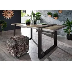 Massivholz Esstisch HEAVY INDUSTRY grau lackiert - Tisch- & Stuhl-Sets im Industrial-Stil, mit auffälligem Holzbild und stabilem Metallgestell für bis zu 6 Personen.