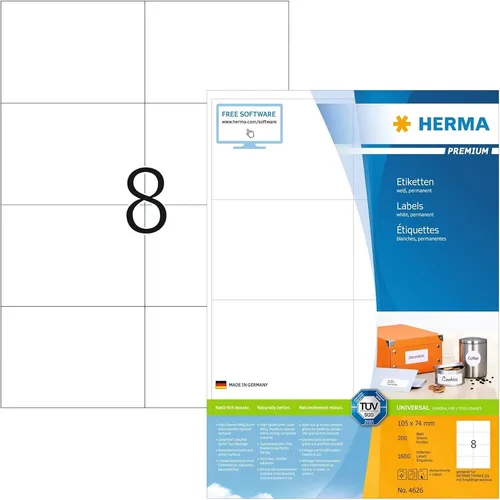 Herma 4626 Premium Etiketten 105 x 74 mm - 1600 Stück - Frankier- und Haushalts-Etiketten in Premiumqualität, ideal für vielseitige Anwendungen und dauerhaft haftend.