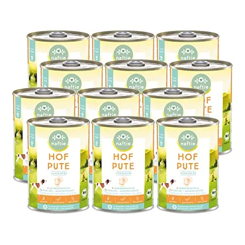 naftie Bio Hundefutter Hof Pute - Premium Nassfutter Menü mit Putenfleisch & Süßkartoffeln - getreidefrei glutenfrei - purinarm - 12x 400g Dosen