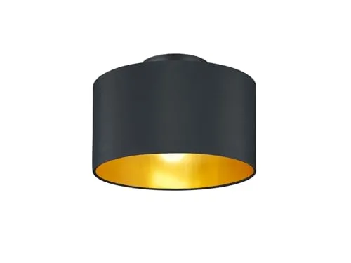 Trio Leuchten Hostel Deckenleuchte Schwarz Matt/Gold - Stilvolle Deckenleuchte aus Metall mit elegantem Stoffschirm in Schwarz und Gold, perfekt für modernes Wohndesign. Durchmesser 30cm, Höhe 22cm, geeignet für E14 Leuchtmittel.