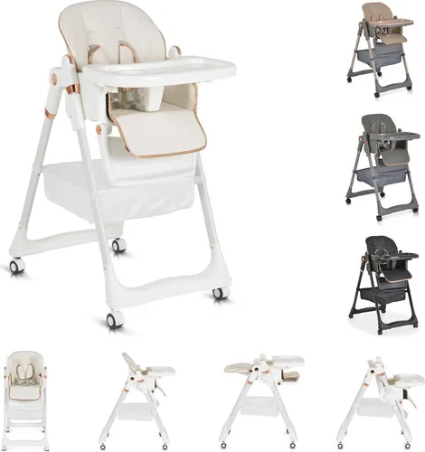 Moni Hochstuhl Kinderstuhl Lindo Weiß mit Zubehör - Hochstuhl für Kinder ab 6 Monaten, 5-fach höhenverstellbar und mit abnehmbarem Tablett. Inklusive Silikon-Lätzchen, Löffel und Gabel. Ideal für ein bequemes Essen und Spielen.