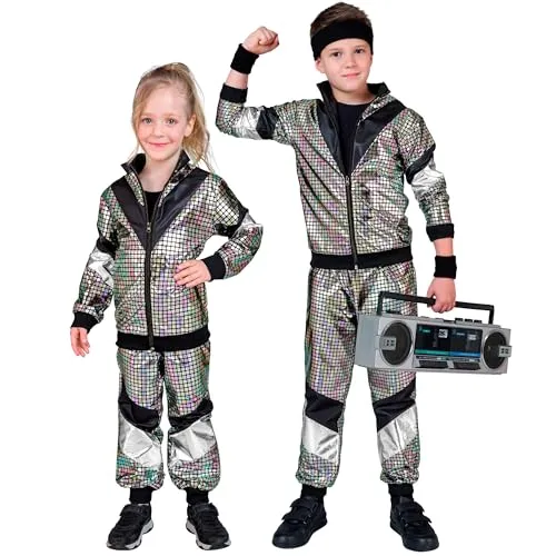 W WIDMANN MILANO Party Fashion Kinderkostüm - 80er Jahre Jogginganzug - Kostüme für Kinder: Flippiger Trainingsanzug im Disco Style mit reflektierendem Stoff und glänzenden Akzenten, ideal für Karneval und Partys!