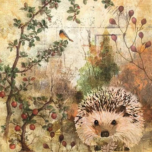 Servietten Herbst Autumn Hedgehog Igel Tischdeko Vintage Wald beige 33x33cm 20