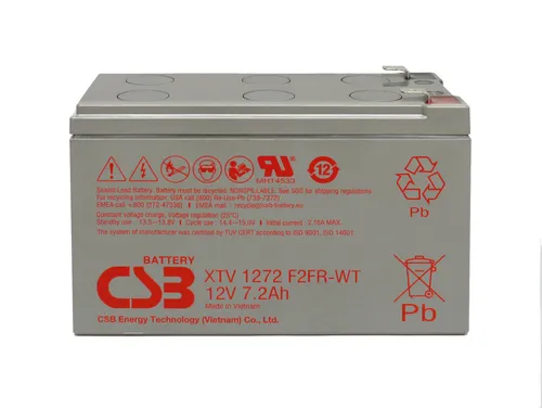 CSB XTV1272FR-WT AGM Akku 12V 7,2Ah - Leistungsstarker AGM-Bleiakku mit 12V und 7,2Ah für vielseitige Anwendungen. Wartungsfrei und auslaufsicher, ideal für Notbeleuchtung und Telekommunikation. Flammhemmendes Gehäuse für zusätzliche Sicherheit.