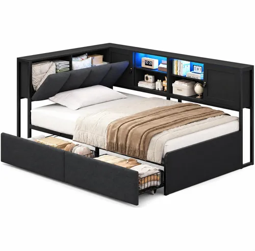 AODEMOKO Polsterbett Schlafsofa mit LED & USB, Jugendbett 90x200 cm
