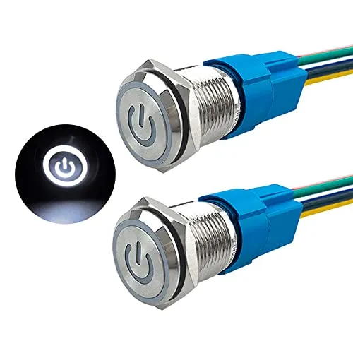 Aiqeer 2 Stück 16 mm Rastend Druckschalter, 12V / 24V 5A Auto Zündung Starter Schalter, IP67 Wasserdichter Edelstahl Druckschalter, mit Vorverdrahteter Steckdose (Weiß LED)