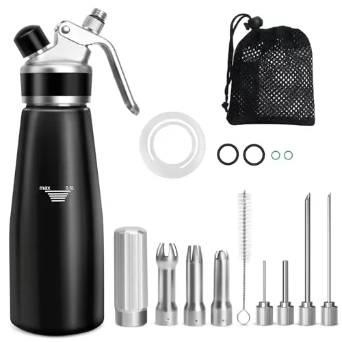ColCospie Sahnespender, Sahnesyphon 500ml Geschenk für Männer und Frauen, für Cremes und Desserts,mit 3 Edelstahl-Dekodüsen, 4 Injektor-Tipps und 1 Reinigungbürste,Aufbewahrungstasche+Ersatzgummiring