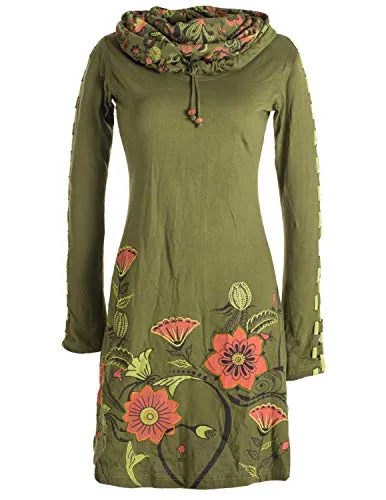 Vishes - Alternative Bekleidung - Damen Kleid mit Blumen-Muster Langarm Herbst Frühling Schalkragen Olive 44