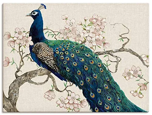 ARTLAND Wanddeko Leinwand Bilder Wandbild 80x60 cm Pfau Kirschblüten Asien Blumen Blüten Tiere Vögel Shabby Chic T2PK
