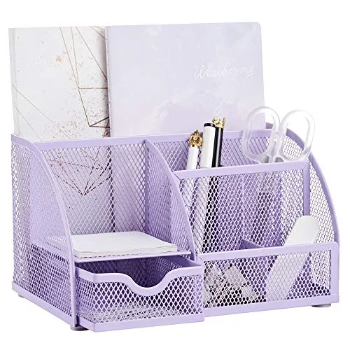 Annova Mesh Desk Organizer Office mit 7 Fächern + Schublade/Schreibtischordnung Candy/Stifthalter/Multifunktions-Organizer (Hellviolett)