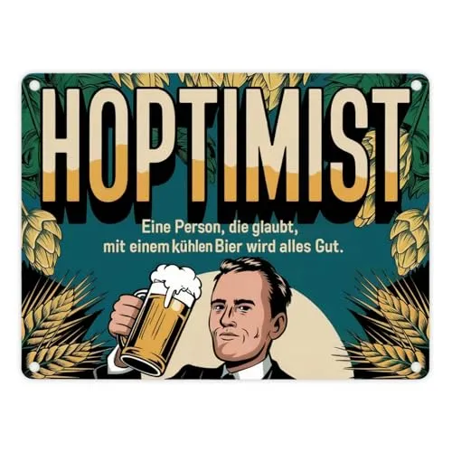 Hoptimist Retro Metallschild in 15x20 cm - Mit Bier wird alles gut Retro-Metallschild in 15x20 cm Kühles Bier mit Cartoon-Darstellung Mann mit Hopfen im Hintergrund Deutsch