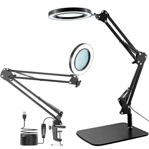Viiwuu 15X Magnifying Glass with Light, LED Desk Lamp with Base and Clamp, 3 Color Modes, 10 Brightness, 72 LEDs, 4.2