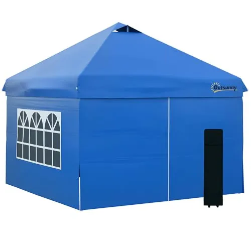 Outsunny Pavillon 3x3m Faltpavillon 4 Seitenwände mit Fenster Tür Festzelt Gartenzelt Pop-Up-Pavillon inkl. Heringe Abspannseile Tragetasche Metall Oxford Blau