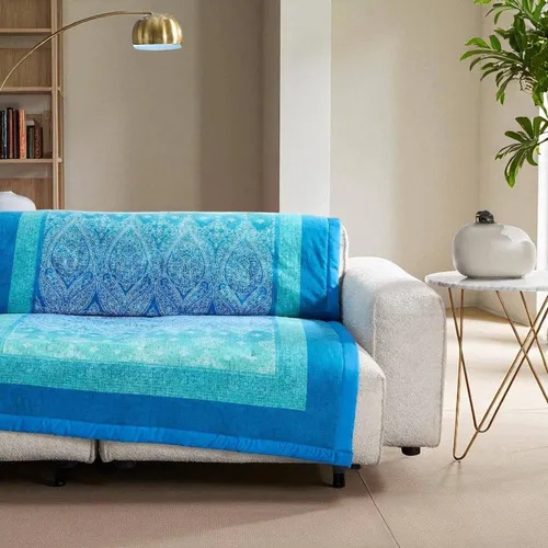 Bassetti Granfoulard Plaid Decke Kerala B1 blau 135x190 - Hochwertige italienische Wohndecke aus 100% Baumwolle, mit stilvollem Paisley-Motiv und Farbverlauf in Blau und Türkis. Ideal für gemütliche Abende und pflegeleicht bei 40°C Maschinenwäsche.
