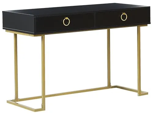 Beliani Moderner Konsolentisch Westport schwarz/Gold - Eleganter Konsolentisch mit schwarzer MDF-Platte und goldfarbenem Metallgestell, ideal für moderne Wohnräume. Zwei geräumige Schubladen bieten zusätzlichen Stauraum.