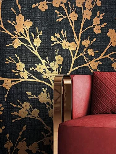 Newroom Tapete Schwarz Vliestapete Leicht Glänzend - Blumentapete Floral Gold Bronze Blumen Blätter Landhaus inkl. Tapezier-Ratgeber