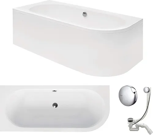 VBChome Eckbadewanne Acryl 170x75cm Set Schürze Siphon Ablaufgarnitur Moderne Badewanne 2 Personen Wanne Weiß Eckwanne Komplettsetäft mit Ablauf Zubehör