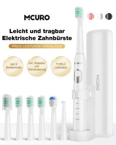 MCURO Elektrische Zahnbürste Schallzahnbürste für Zahnpflege 40000 VPM, 5 Putzmodi, Aufsteckbürsten: 6 St., Reise Zahnbürsten,Timer,TYPE-C aufladbar