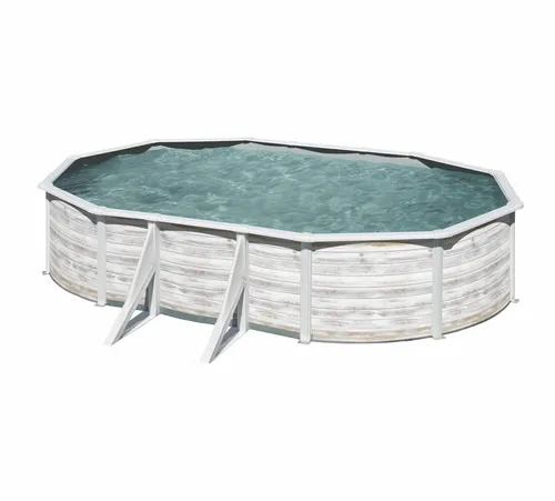 Gre Stahlwandpool Finnlandia oval 610 x 375 x 120 cm - Ovaler Stahlwandpool im eleganten Holzdekor weiß, ideal für entspannende Sommertage im Garten.