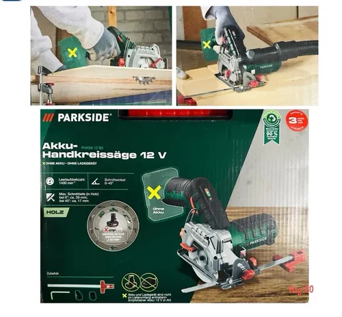 PARKSIDE 12V Akku-Handkreissäge PHKSA 12 B3 (ohne Akku und Ladegerät) - Sägen - Leistungsstarke 12V Akku-Handkreissäge mit 26 mm Schnitttiefe, ideal für präzise Schnitte in Holz, inklusive umfangreichem Zubehör für sofortigen Einsatz.