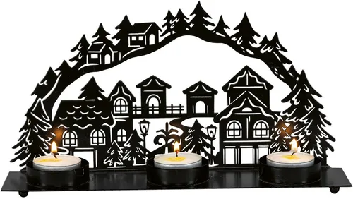 HGD Schwibbogen weihnachtlicher Mini-Lichterbogen - Dorf - aus Metall, elegante Tischdekoration zur Winterzeit - in schickem Schwarz