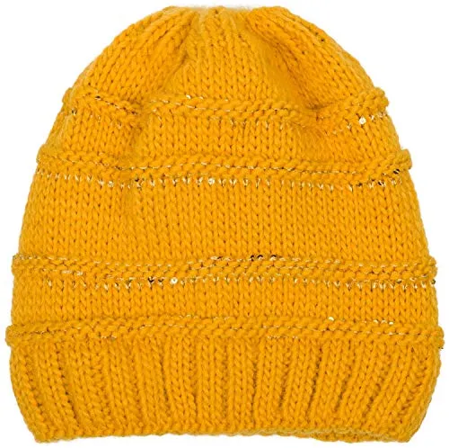 styleBREAKER Damen Strick Wintermütze mit Pailletten für Pferdeschwanz, Farbe: Curry - Stylische Strick Beanie mit glitzernden Pailletten und praktischer Öffnung für Pferdeschwanz. Angenehmes Thermo-Fleece-Futter sorgt für Wärme und Komfort. Einheitsgröße, ideal für kalte Tage.