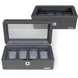 WINDROSE Uhrenbox Tempora, 804020.07 - Uhrenzubehör mit 4 Kissen für bis zu 4 Armbanduhren, elegantes Design in grau und praktischer Glasdeckel für stilvolle Aufbewahrung.