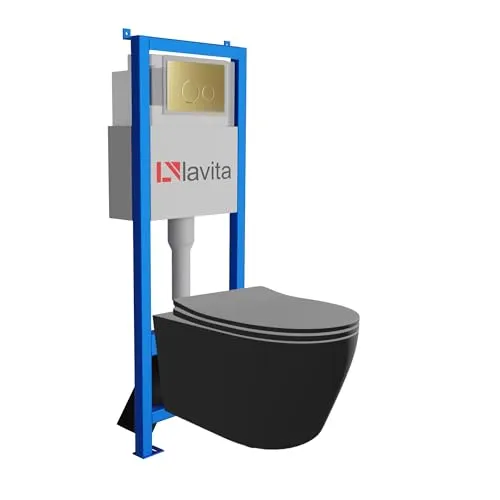 Lavita LAV 101 Vorwandelement für WC 40cm + Wand Hänge Tiefspül WC PRAIA Schwarz Spülrandlos + Bedienplatte LAV 200.4.5 Gold | Komplettset | Unterputz Spülkasten | Toilette Komplett Sett