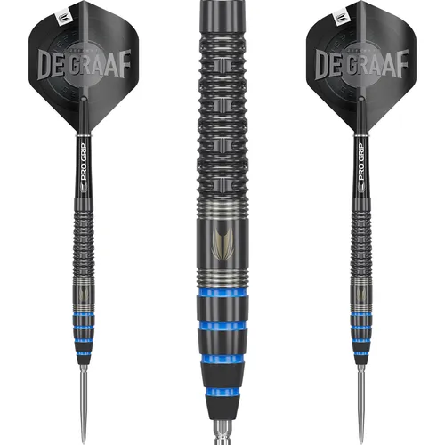 Target Darts Jeffrey de Graaf Generation 1 Steel Tip Darts 23G - Steel-Dartpfeile mit 90% Tungsten für außergewöhnliche Haltbarkeit und Kontrolle. Mit Swiss Point Technologie für einfaches Wechseln der Spitzen und Pro Grip Schäften für verbesserte Wurfkontrolle.