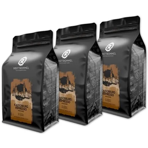RÖSTTROMMEL Kaiserburg Espresso – Ganze Kaffee-Bohnen 3x1kg - Premium Kaffee mit 80% Arabica und 20% Canephora, mittelkräftig mit schokoladigem Geschmack. Ausgezeichnete Rösterei des Jahres 2017, ideal für Genussmomente in der Küche.