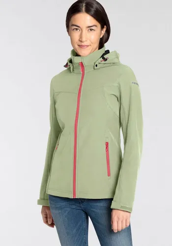 ICEPEAK Damen Softshelljacke Brenham, Grün, Größe 40 - Outdoor-Softshelljacke mit abnehmbarer Kapuze und zwei Reißverschlusstaschen, ideal für Wanderungen und aktive Freizeit.